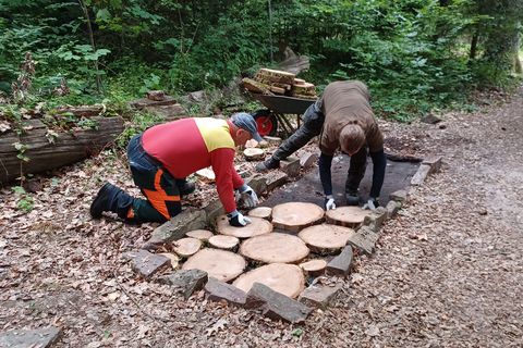 Mitarbeiter des Forstes brachten neue Baumscheiben und erneuerten das vorher von den Schülern gereinigte Feld.