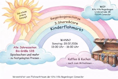 Am Samstag, den 28. Februar veranstaltet der Elternbeirat der Kita Villa Regenbogen mit Unterstützung der Eltern und Mitarbeitenden der Kita ihren 3. Share & Care Flohmarkt.