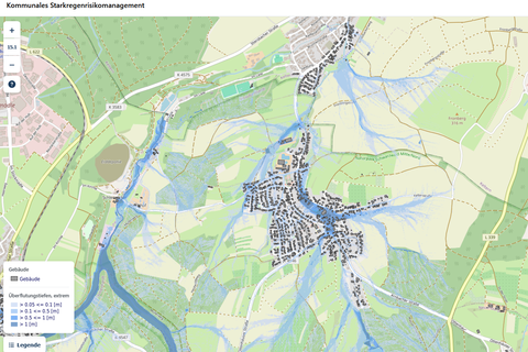 Ein Screenshot aus dem Mapserver der Starkregengefahrenkarte.