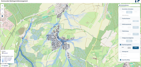 Ein Screenshot aus dem Mapserver der Starkregengefahrenkarte.