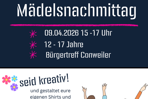 Der Mädels-Nachmittag ist der Start für ein Event nur für Mädchen, kommt gerne am 9. April um 15 Uhr in den Bürgertreff.