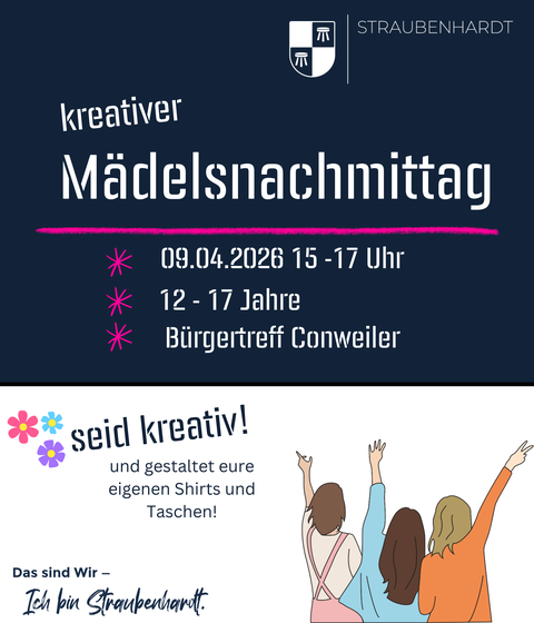 Der Mädels-Nachmittag ist der Start für ein Event nur für Mädchen, kommt gerne am 9. April um 15 Uhr in den Bürgertreff.